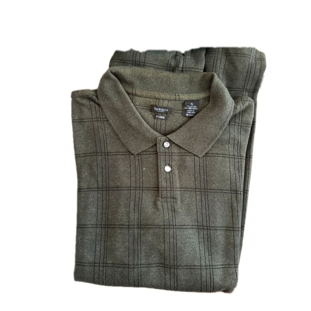 Van Heusen Men's Long Sleeve Polo, XL, Olive Plaid